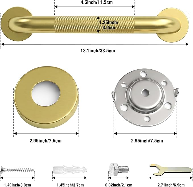 12 Inch Gold Grab Bars for Shower 2 Pack,1.25'' Diameter Heavy Duty Stainless Steel Anti-Slip Bathroom Safety Handicap Grab Bar for Shower, Bathtub & Toilet, Wall Mounted, Supports 500lbs