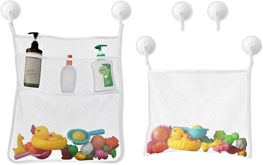 TTSAM Bath Toy Organizer Mesh Storage Organizer Baby Shower Toys Bathtub Net Bag Kids Quick Dry Bathtub Mesh Net Bathtub Toy Holder 2 X Bathroom Storage Bag & 6 X Strong Suction Hooks (White)