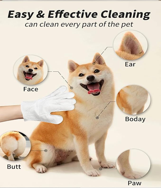 AQUASAFE Pet Glove Wipes - No-Rinse Dog Grooming Wipes & Cat Bath Gloves | Unscented Hypoallergenic Dog Wipes, [6] Ct