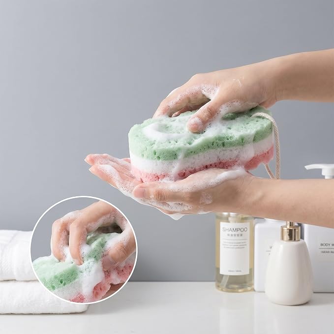 2 PCS 3-Layer Bath Sponges, Soft Shower Sponges Reusable Body Exfoliating Sponge Exfoliating Bath Sponge with Hanging Straps Colorful LuffaSponge
