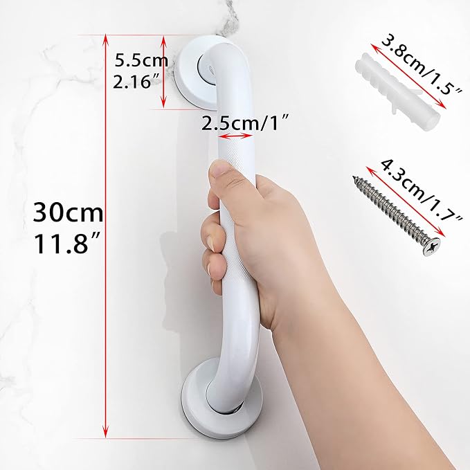 Sumnacon 12 Inch Anti-Slip Grip Bath Grab Bar - Sturdy Stainless Steel Shower Handle with Screws, Safety Handicap Shower Bar for Bathtub Toilet Bathroom Kitchen Stairway Handrail, White (Pack of 2)