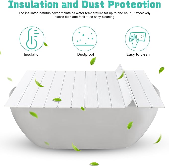 Foldable Bathtub Cover, Bathtub Tray, PVC Waterproof Bath Tray Table Topper with Thermal Insulation & Dust Protection, Folding Bath Tub Tray Table for Reading, Tablet, Wine Glass, Fits Most Bathtubs