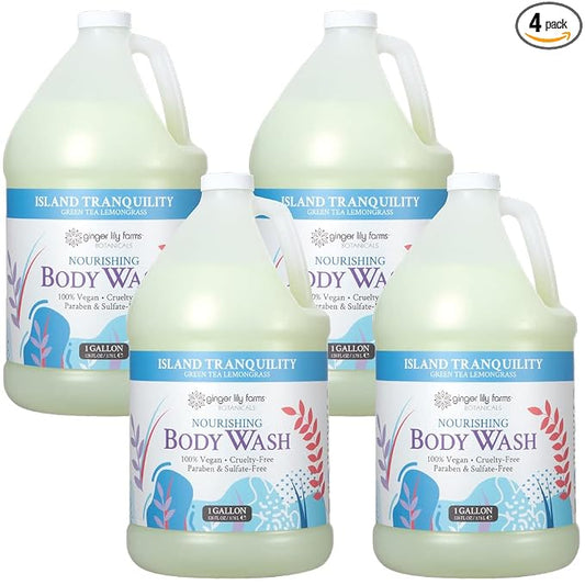 Ginger Lily Farms Botanicals Nourishing Body Wash, Island Tranquility, 100% Vegan & Cruelty-Free, Green Tea Lemongrass Scent, 1 Gallon Refill (Pack of 4)