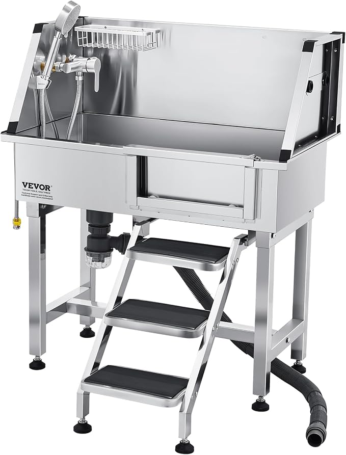 VEVOR Professional Dog Washing Station, 34 Inch Stainless Steel Pet Grooming Tub with Hot Cold Faucet, Adjustable Showerhead, Non-Slip Stairs & Side Sink, for Small to Medium Dogs and Cats (Left Door)