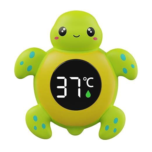 FDK Baby Bath Thermometer Baby Safety, Digital 2-in-1 Room & Bath Water Thermometer with 3-Color Backlight & Temperature Warning, Floating Turtle Design for Infant Toddler, Auto On/Off