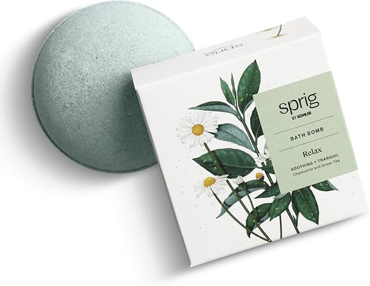 Sprig by Kohler Chamomile + Green Tea Bath Bomb, Hypoallergenic, Made with Natural Botanicals & Premium Skincare Ingredients (Shea Butter, Coconut Oil, & Kaolin Clay) to Calm and Sooth - Relax
