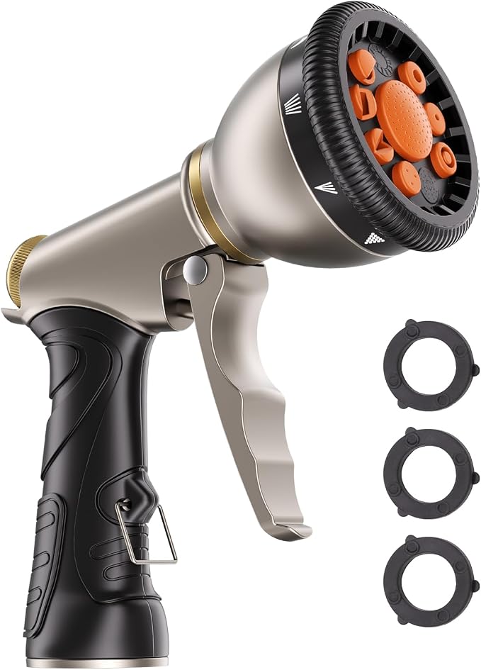 Besiter Garden Nozzle Sprayer, High Pressure Metal Water Hose Sprayer with 9 Watering Patterns, Heavy Duty Sprayer for Washing Cars, Watering Plants, Cleaning Yard & Showering Pets (Orange)