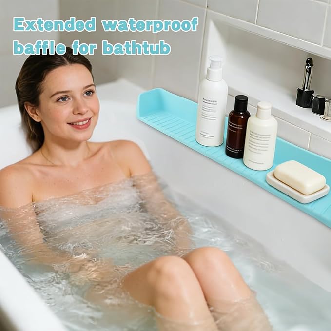 Bathtub Splash Guard, Longer Silicone Splash Guard for Bathtub with 11 Suction Cups, Prevents Water Spills in Bathroom, with Storage Area, 31.5" x 4.53" (Color:Blue)