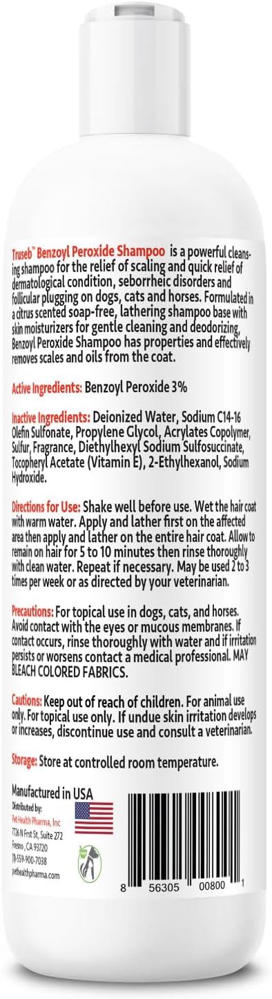Truseb Clinically Medicated Benzoyl Peroxide 3% Shampoo for Dogs, Cats Horses - Helps Relieve Folliculitis, Dandruff, Oily & Flaky, Red, Itchy Skin–Deep Cleansing & Deodoriz-Passion Fruit Scent-12 oz