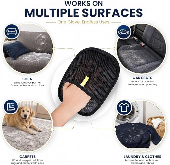 Pet Hair Removal Glove for Cats & Dogs – Reusable Electrostatic Dog & Cat Hair Remover, Fur Removal Tool for Laundry, Couch, Furniture, Carpet & Car Seat (1 Pack, Black)