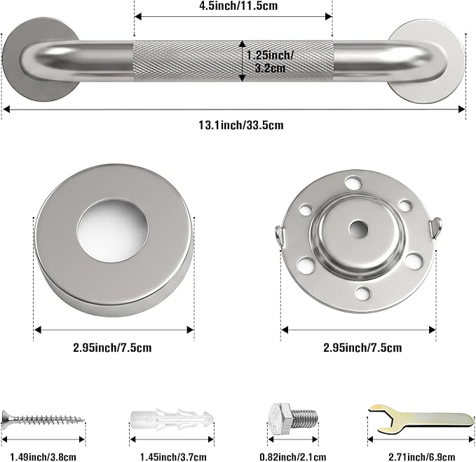 12 Inch Shower Grab Bars for Seniors, 2 Pack Brushed Nickel Stainless Steel ADA Grab Bars with 1.25'' Diameter Anti-Slip Textured Surface, Shower Safety Hand Rails for Elderly Handicapped