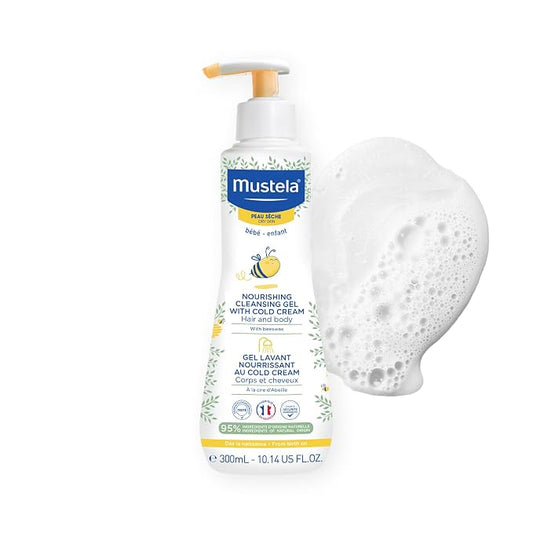 Mustela Baby Nourishing Cleansing Gel – Hair & Body Wash for Dry Skin - with Natural Avocado, Cold Cream & Beeswax - 10.14 fl. oz.
