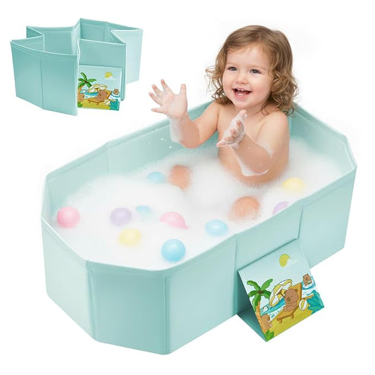 Baby Bathtub for Newborn to Toddlers 1-6 Y, Foldable Infants Babies Bath Tub with Non-Slip Base and Drain Plug, Portable Bathtub for Home Outdoor (Light Green, 75-45-25CM)
