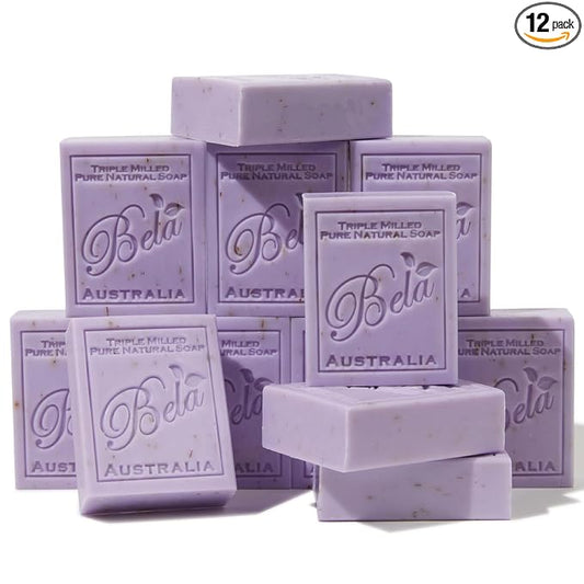 BELA Lavender Soap 3.3 OZ, Pack of 12, Long Lasting French Triple Milled Bar Soap with Organic Shea Butter, Hand, Face and Body Wash Bars, Made in Australia
