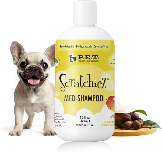 P.E.T. Scratchiez Soothing Oatmeal & Aloe Shampoo for Dogs & Cats, Mango Coconut Scent — Helps Soothe Itchy, Flaky Coats & Deodorize Gently — Sulfate-Free, pH-Balanced, Hypoallergenic — 16 oz
