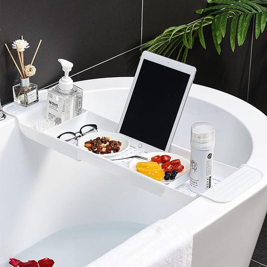 Expandable Drain Bath Shelf Caddy Tray, Multifunctional Plastic Bathtub Tray Bathroom Organizer Simple Stylish Bathtub Storage Rack for Candle Towel, Book, Wine, Phone, Shower