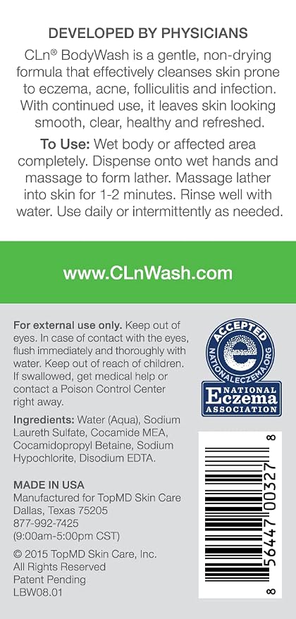 CLn® BodyWash – Non-Drying Body Wash Preserved with Sodium Hypochlorite, For Compromised Skin Prone to Eczema, Dermatitis, Rash & Hidradenitis Suppurativa, Fragrance-Free & Paraben-Free, 3 fl oz