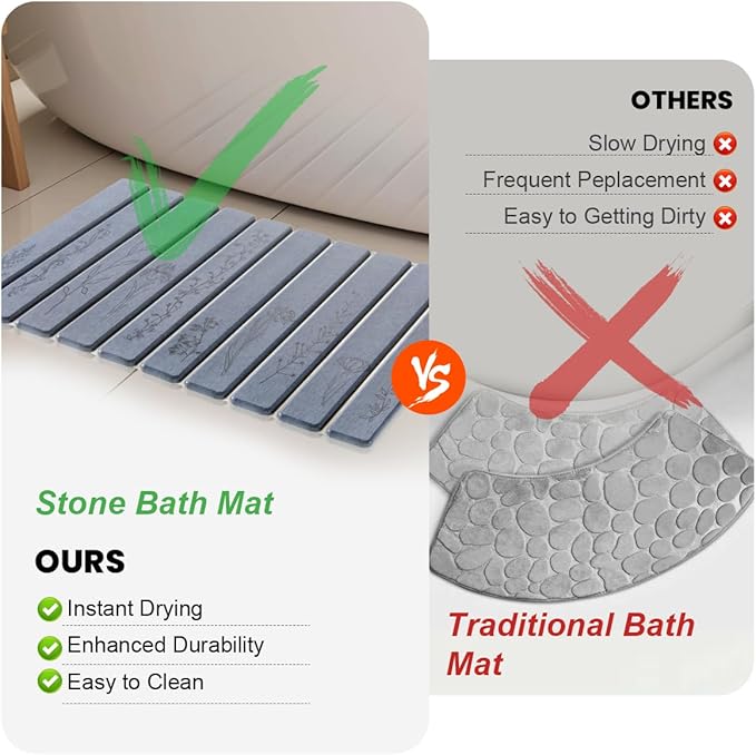 Foldable Stone Bath Mat - 24x16, Super Absorbent Diatomaceous Earth Large Bath Mats for Bathroom, Quick Dry Non-Slip Stone Drying Mats for Kitchen Counter & Bathtub (Dark Gray Floral Decor)