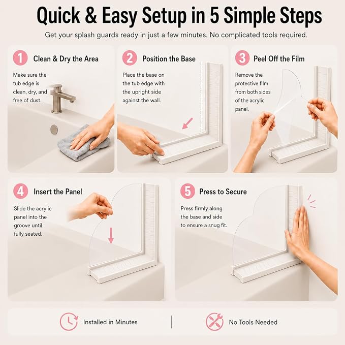 No-Adhesive 2-Pack Acrylic Silicone Bathtub Splash Guard,Tall & Flexible Shower Water Blocker with Strong Suction Cups,Reusable, Keeps Water in, Ideal for Family,Rentals&Pet Bathrooms (off-white)
