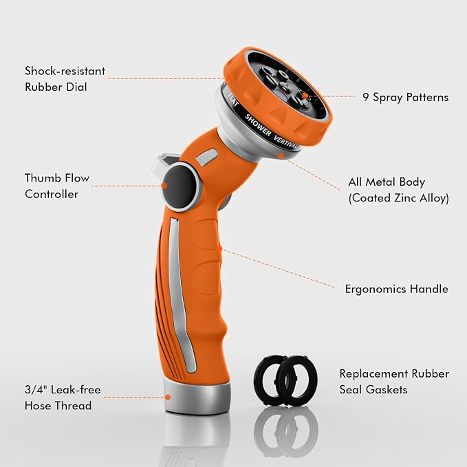 RESTMO Hose Nozzle Heavy Duty, Metal Water Hose Sprayer for Garden | 9 Spray Patterns, High Pressure, Thumb Flow Control, On/Off Valve, Ideal for Outdoor Lawn & Plant, Car & Pet, Orange