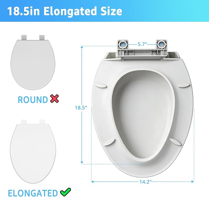 Huttdmel Elongated Toilet Seat 18.5", Soft Close Quiet Lid, Top & Bottom Mount, Never Loosen Hinges, Easy Install, Heavy Duty PP No Yellowing, Fits Standard Elongated Toilets, White