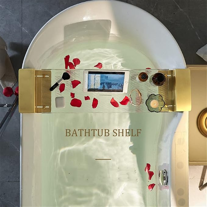 WANLIAN Acrylic Brass Bathtub Caddy Tray, Adjustable Length Bath Caddy Tray Shelf for Shower Storage Organizer