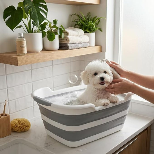 Collapsible Dog Bathtub with Drain Plug - Foldable Portable Pet Bath Tub for Small Dogs & Cats, 25L Large Travel Shower Basin, Lightweight PP &TPR Material (Grey, 23x16x11 Inches)