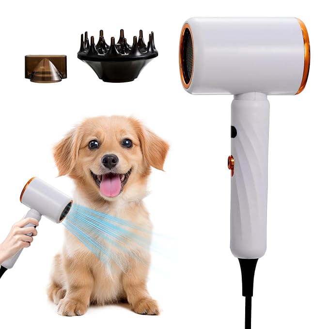 Portable Dog Hair Dryer Brush – 2-in-1 Warm Air Blower & Slicker Brush for Cats & Small Dogs – Adjustable Heat, Overheat Protection – Lightweight Grooming Tool for Home & Travel