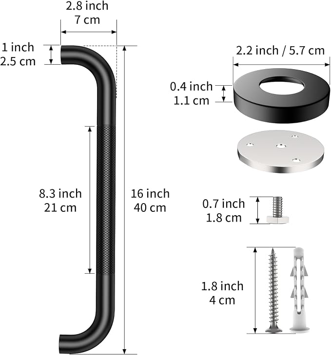 16 Inch Grab Bars for Shower, ZUXET Safety Shower Handle for Seniors w/Knurled Texture, 304 Stainless Steel Anti-Slip Safety Handrail, Handicap Elderly Bathtub Toilet Bathroom Assist (Matte Black)