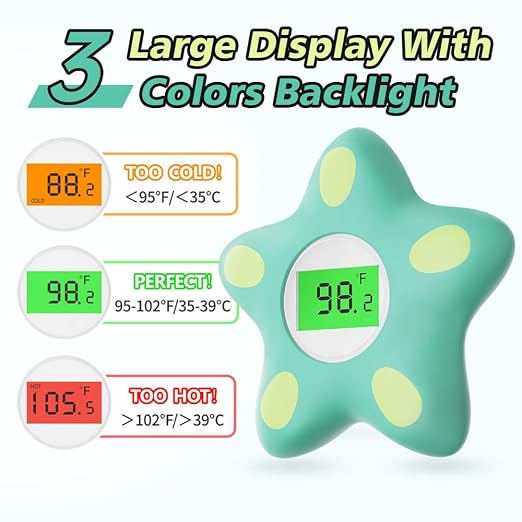 Baby Bath Thermometer for Infant & Toddler, Floating Digital Water Temperature Thermometer with 3-Color LED Backlight, Instant Accurate Reading,Baby Bath Toy,Hot & Cold Alert（Green starfish）