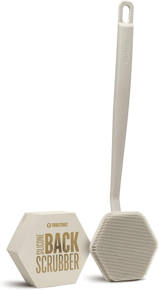 TOOLETRIES Silicone Back Scrubber for Shower, Bath Brush - Sand | Long ergonomic handle and non-slip grip make exfoliating hard-to-reach areas simple and comfortable.