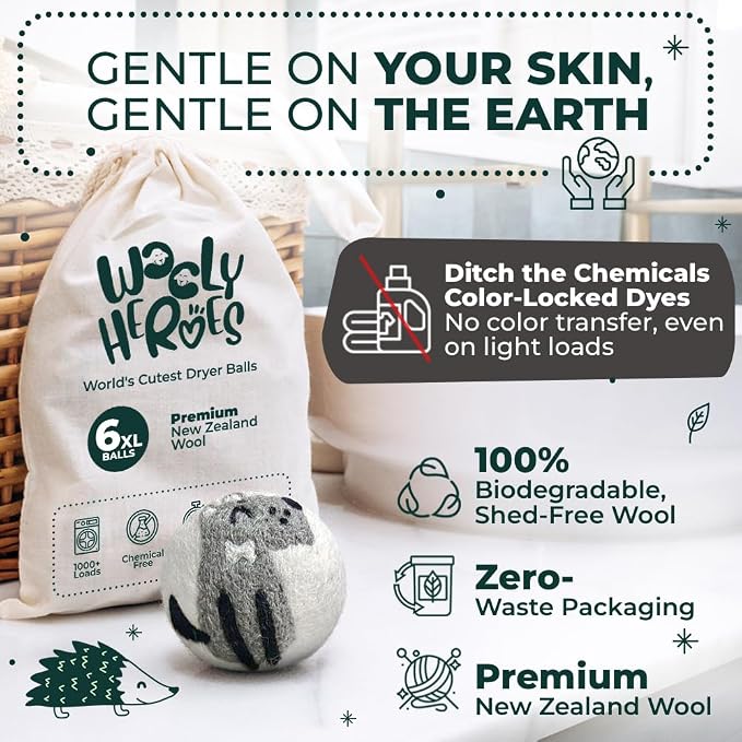 Chemical Free & Baby Safe! Reusable Wool Dryer Balls XL 6-Pack - Reduces Static, Cuts Dry Time, & Softens Naturally