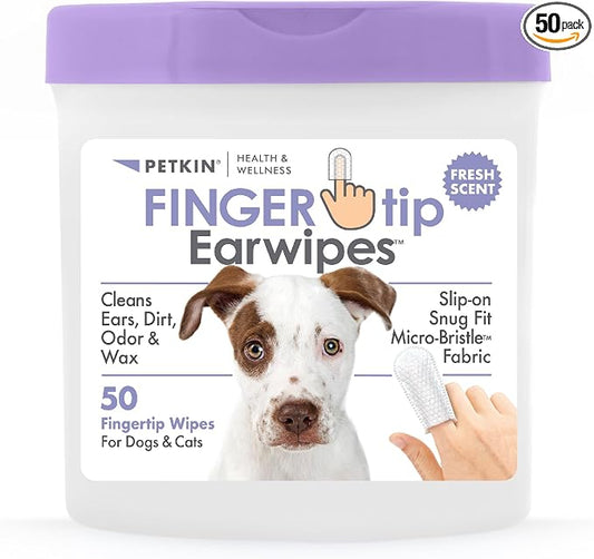 Petkin Fingertip Ear Wipes for Dogs and Cats, 50 Finger Wipes - Slip-On, Snug Fit, Micro-Bristle Fabric - Cleans Ears, Dirt, Odor and Wax - Convenient, Ideal for Home and Travel - Fresh Scent