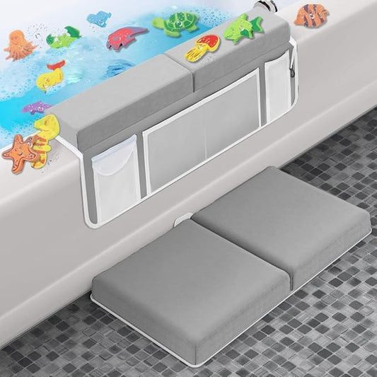 Supa Ant Bath Kneeler – 8 Suction Cups & 1.5" Thick Padding. Award Winning Baby Bath Kneeler and Elbow Rest Pad Set with 5 Bath Toy Organizer Pockets. Non Slip Fast Drying Baby Bath Essentials Grey