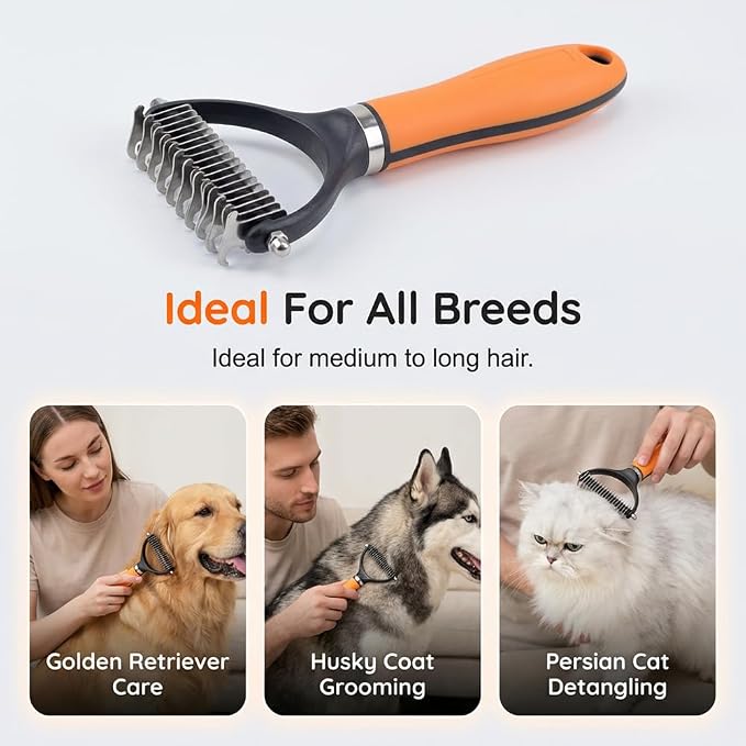 Dual-Sided Pet Grooming Comb for Dogs & Cats, 2026 New 2‑in‑1 Professional Pet Grooming Brush Deshedding Dog Brush, Dematting Comb Undercoat Rake for Dogs Long Haired Pet Grooming Tool (2, Orange)