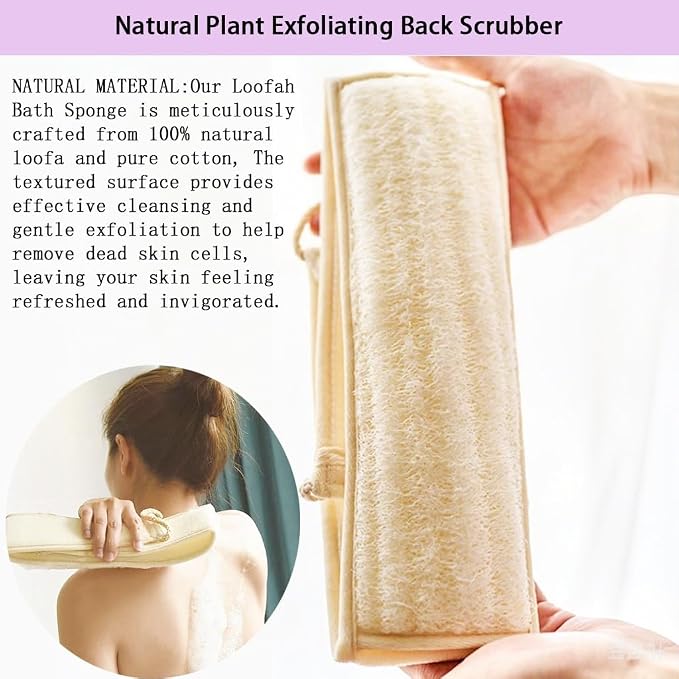 Extra-Long Natural Loofah Back Scrubber,1 Pack | Exfoliator，Biodegradable，back scrubber for shower ,Exfoliating Bath Strap， with Cotton Handles, Shower Body for Men Women