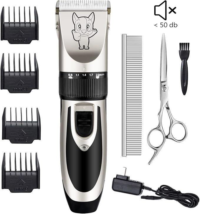 Highdas Dog Clippers for Grooming Low Noise, Cordless Electric Dog Grooming Kit Clippers Rechargeable, Quiet Dog Shaver, Pet Hair Trimmer Kit for Dogs & Cats (Silver)