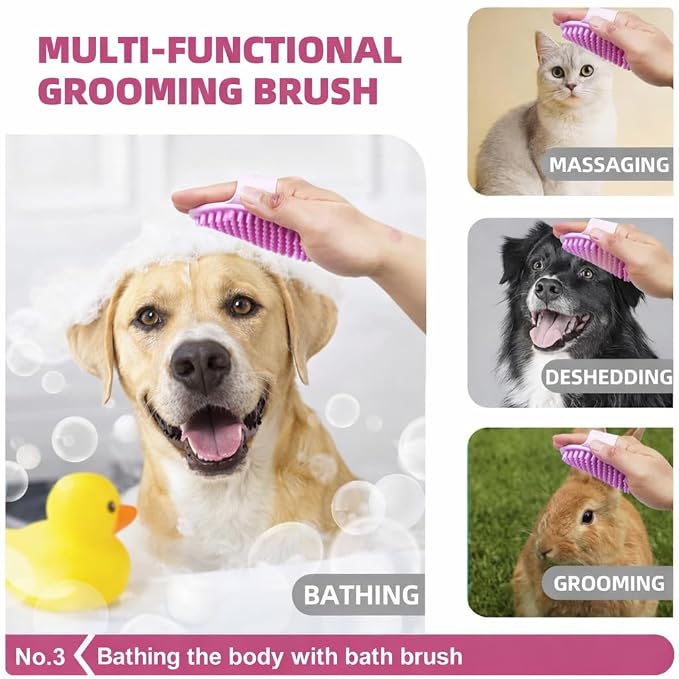 6-Piece Dog and Cat Grooming Kit - Self Cleaning Slicker Brush, Deshedding Brush, Bath Brush with Soap Dispenser, Grooming Bath Gloves, Microfiber Towel and Storage Pouch (Pink)
