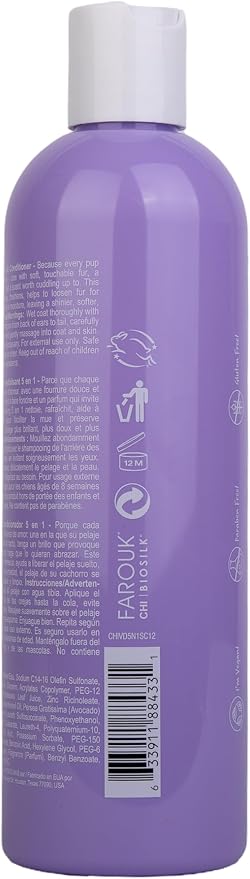 CHI Vibes for Dogs 5-in-1 Shampoo & Conditioner, Cleans + Deodorizes + Moisturizes + Detangles + Helps De-Shed, Vegan pH Balanced, Gluten & Paraben Free, Made in USA, 12 Fl Oz