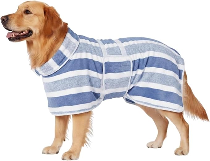 Quick-Drying Dog Bathrobe - Striped Super Absorbent Pet Towel Robe with Adjustable Belly Band,1-Piece Design,Super-Soft Fast-Drying Fabric,for Small Medium Large Dogs Post-Bath Grooming (Blue,L)