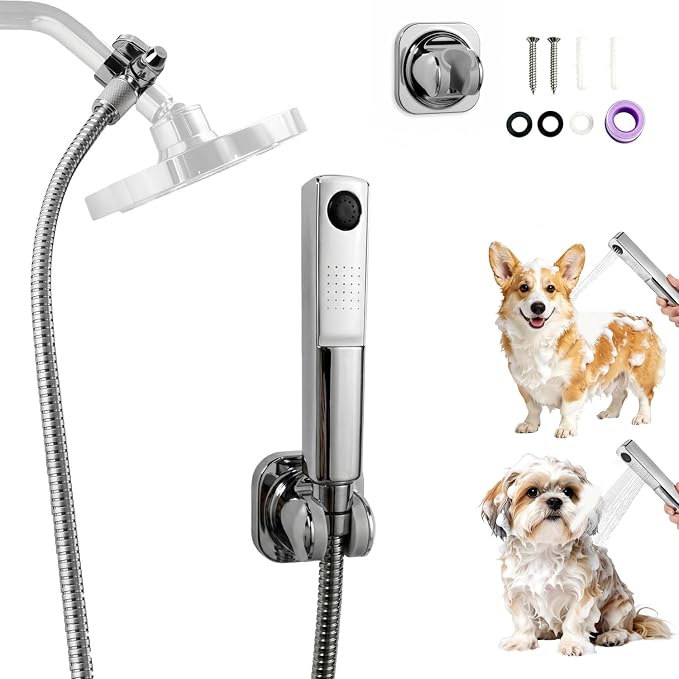 Dog Shower Attachment Kit with Handheld Sprayer – 8FT Flexible Stainless Steel Hose +Shower Arm Diverter – High Pressure Pet Bath Wand for Medium & Large Dogs, Long Thick Coat, Indoor All-Year Use