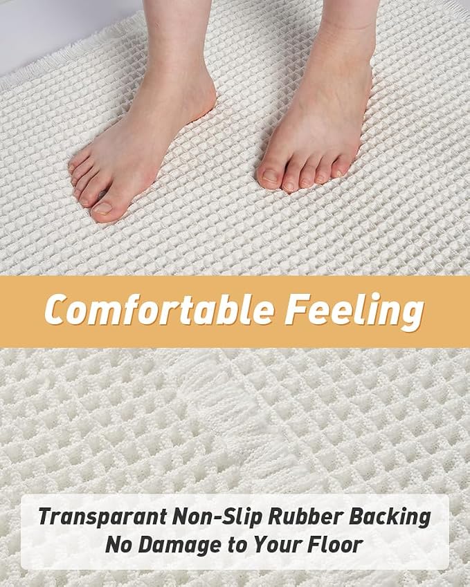 Upgraded Waffle Bath Mat Set of 2, Super Absorbent Non Slip Bath Mats for Bathroom Floor, Washable Boho Bathroom Rugs Set 2 Pieces with Tassels, Soft Bathroom Mat Set, White, 17" x 24" + 20" x 32"