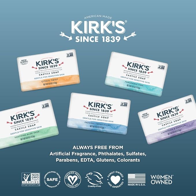 Kirk's Castile Bar Soap, Original Fresh Scent - Clinically Tested, Safe for Sensitive Skin with Coconut Oil, Vegan and Non-GMO - 4 oz Bars, 6 Pack and Fragrance Free Travel Bar
