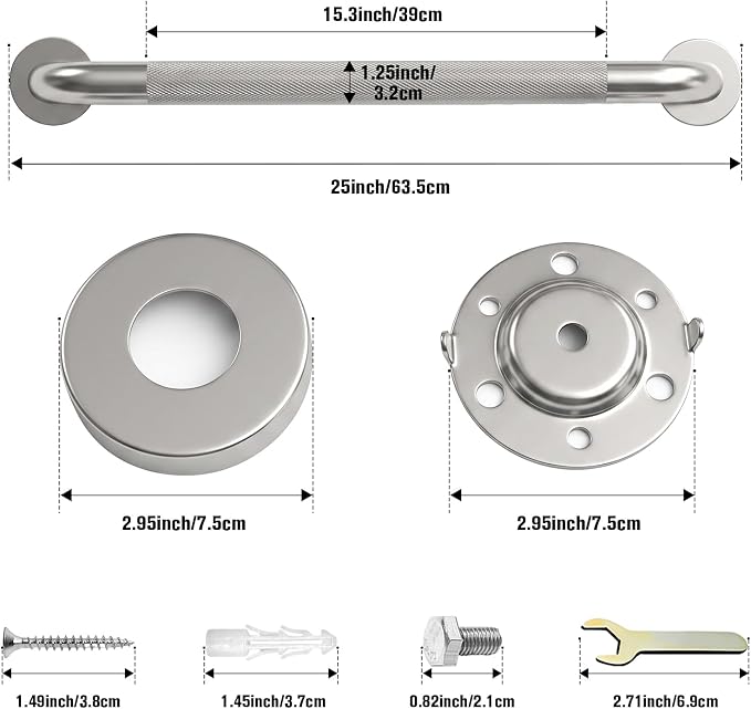 24 Inch Shower Grab Bar for Seniors 2 Pack,1.25'' Diameter 304 Stainless Steel Heavy Duty Anti-Slip Bathroom Safety Handicap Grab Bar for Shower, Bathtub & Toilet, Wall Mounted, Supports 500lbs