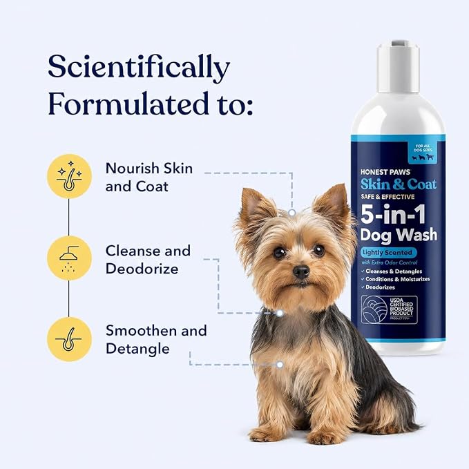 Honest Paws Dog Shampoo and Conditioner - Premium Dog Wash for Allergies Dry, Itchy, Moisturizing for Sensitive Skin - Sulfate Free Plant Based All Natural - Lightly Scented w/Odor Control -16 Fl Oz