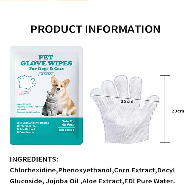 AQUASAFE Pet Glove Wipes - No-Rinse Dog Grooming Wipes & Cat Bath Gloves | Unscented Hypoallergenic Dog Wipes, [6] Ct