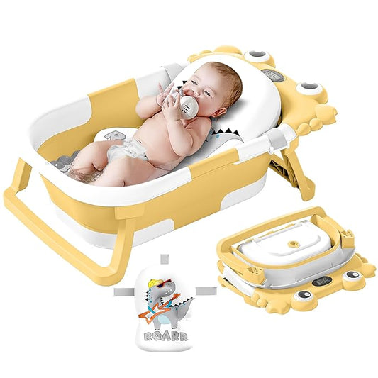 Collapsible Baby Bathtub for Newborns to Toddler with Real-time Temp Monitor & Floating Cushion,Portable Travel Tub Foldable Baby Bath Tub for Infants (Yellow)