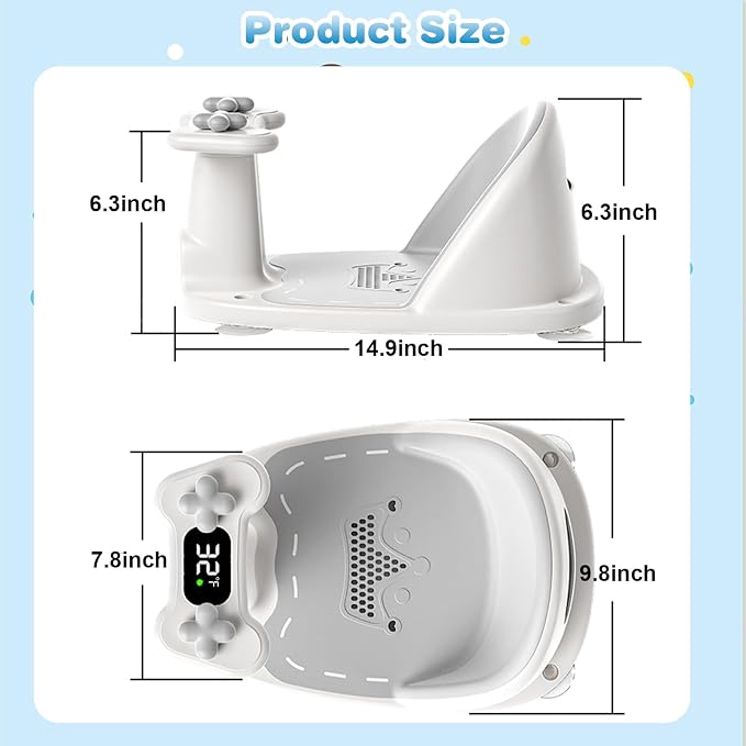 Baby Bath Seat for Babies 6 Months & Up - Bathtub Seats for Babies Sitting Up, Non-Slip,Smart Real-Time Temperature& 4 Suction Cups(Grey)