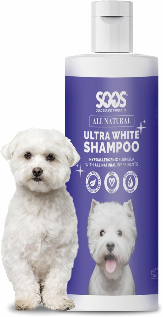 Soos Ultra White Hypoallergenic Shampoo for Dogs & Cats - Natural White Brightening Formula, Gentle & Moisturizing Pet Wash for Sensitive Skin - 500ml