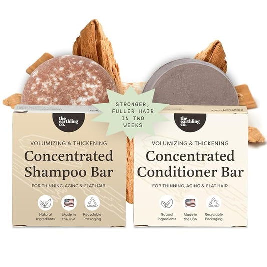 The Earthling Co Volumizing Shampoo & Conditioner Bar Set For Thickening, Fullness, Strength, and Growth - Sulfate, SIlicone, Paraben Free for Thin, Flat, Fine Hair - Made in USA (Sweet Sandalwood)